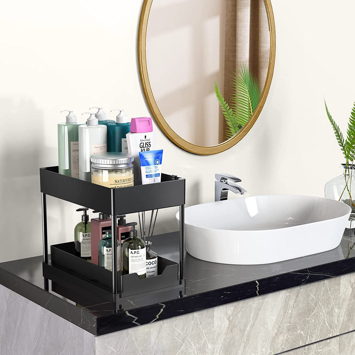 Two-Tier Pull-Out Under-Sink Organiser with Hooks – Black, image 8 of 8