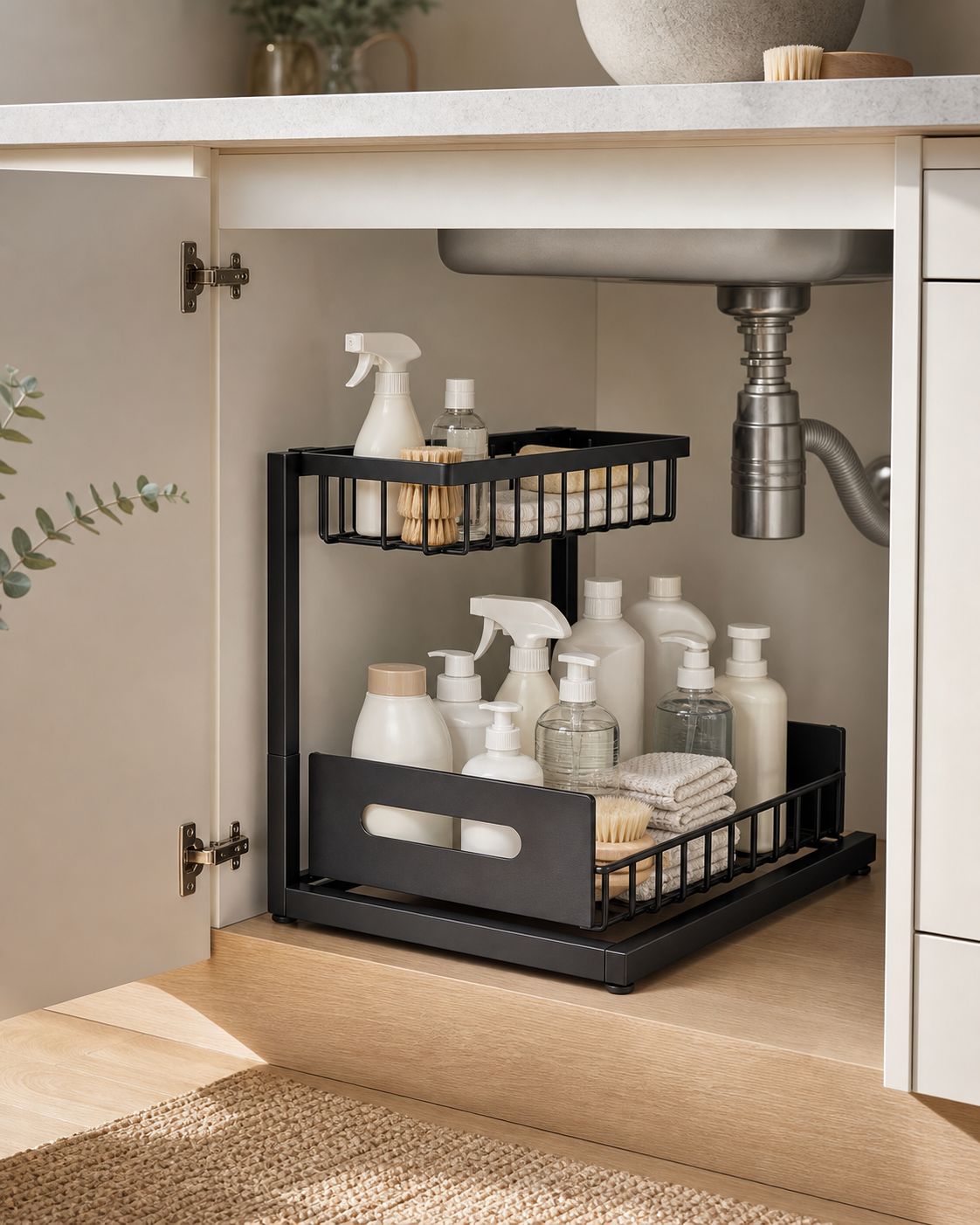 Metal Two-Tier Pull-Out Under-Sink Organiser – Black, image 8 of 8