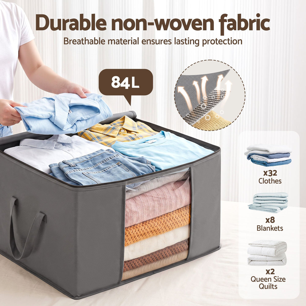Zip-Up Blanket & Clothes Storage Bags – 84L, Pack of 4, Grey, image 6 of 10
