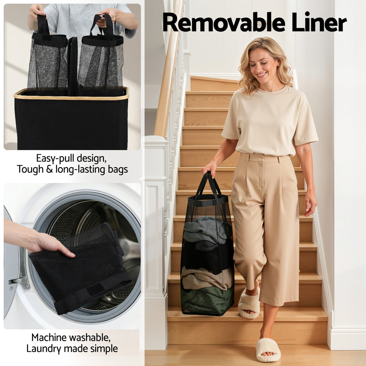 Double Laundry Hamper with Lid – 150L, Black, image 6 of 9