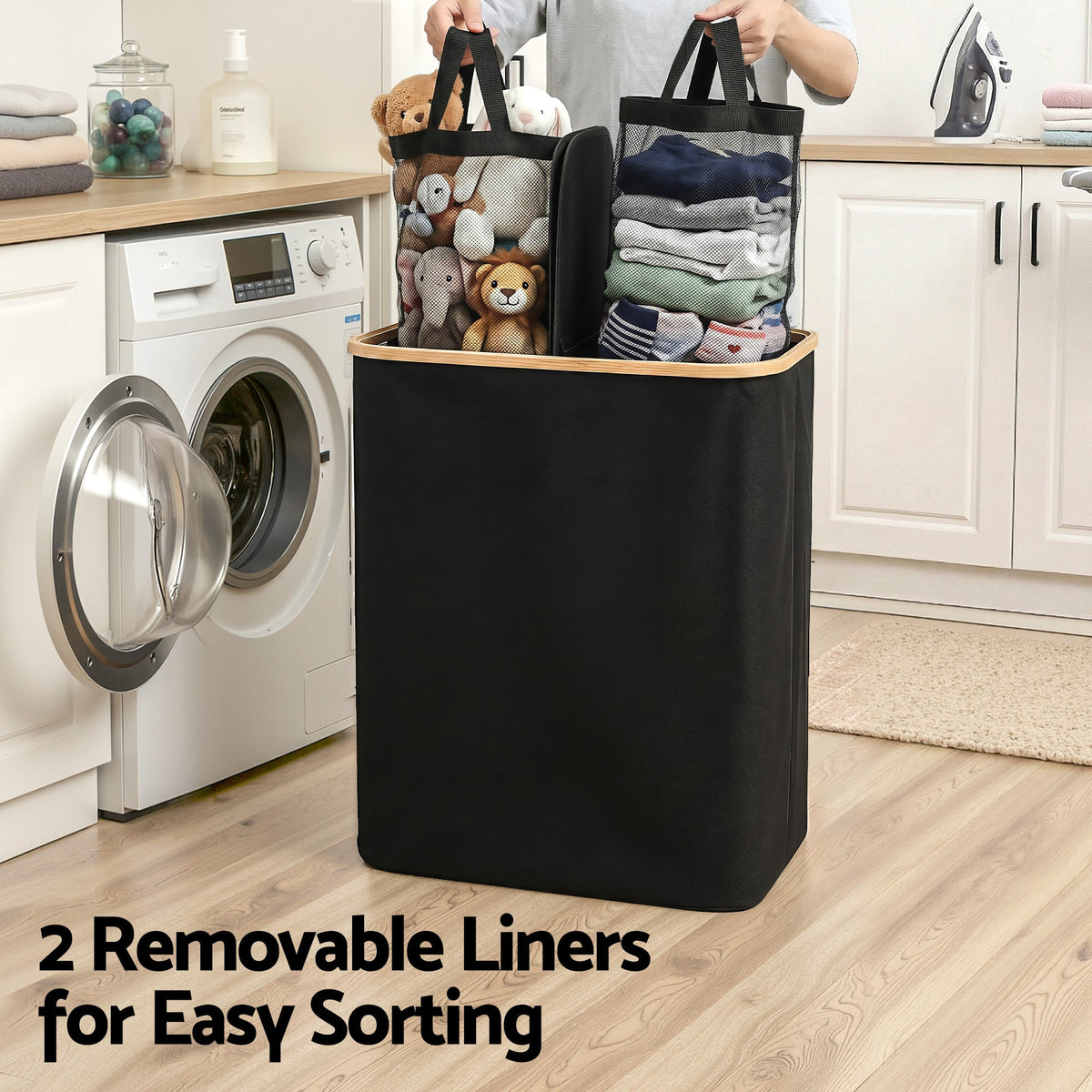 Double Laundry Hamper with Lid – 150L, Black, image 7 of 9
