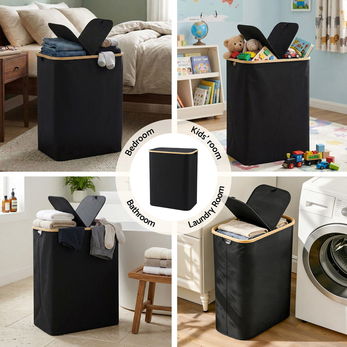 Double Laundry Hamper with Lid – 150L, Black, image 8 of 9