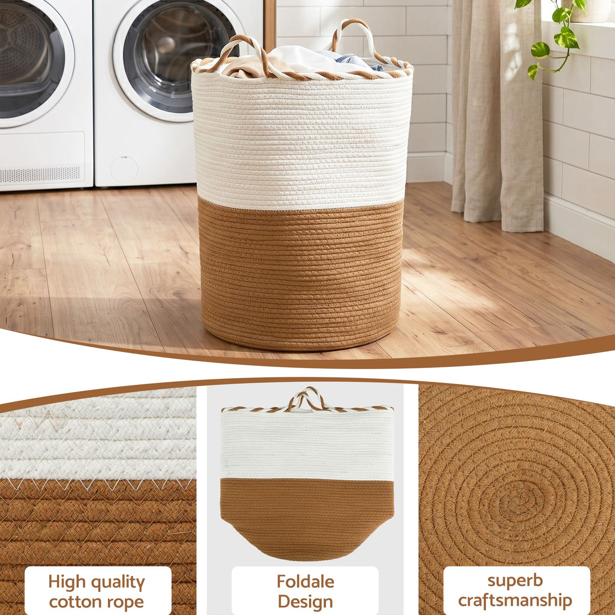 Cotton Rope Laundry Basket – White & Brown, image 8 of 10