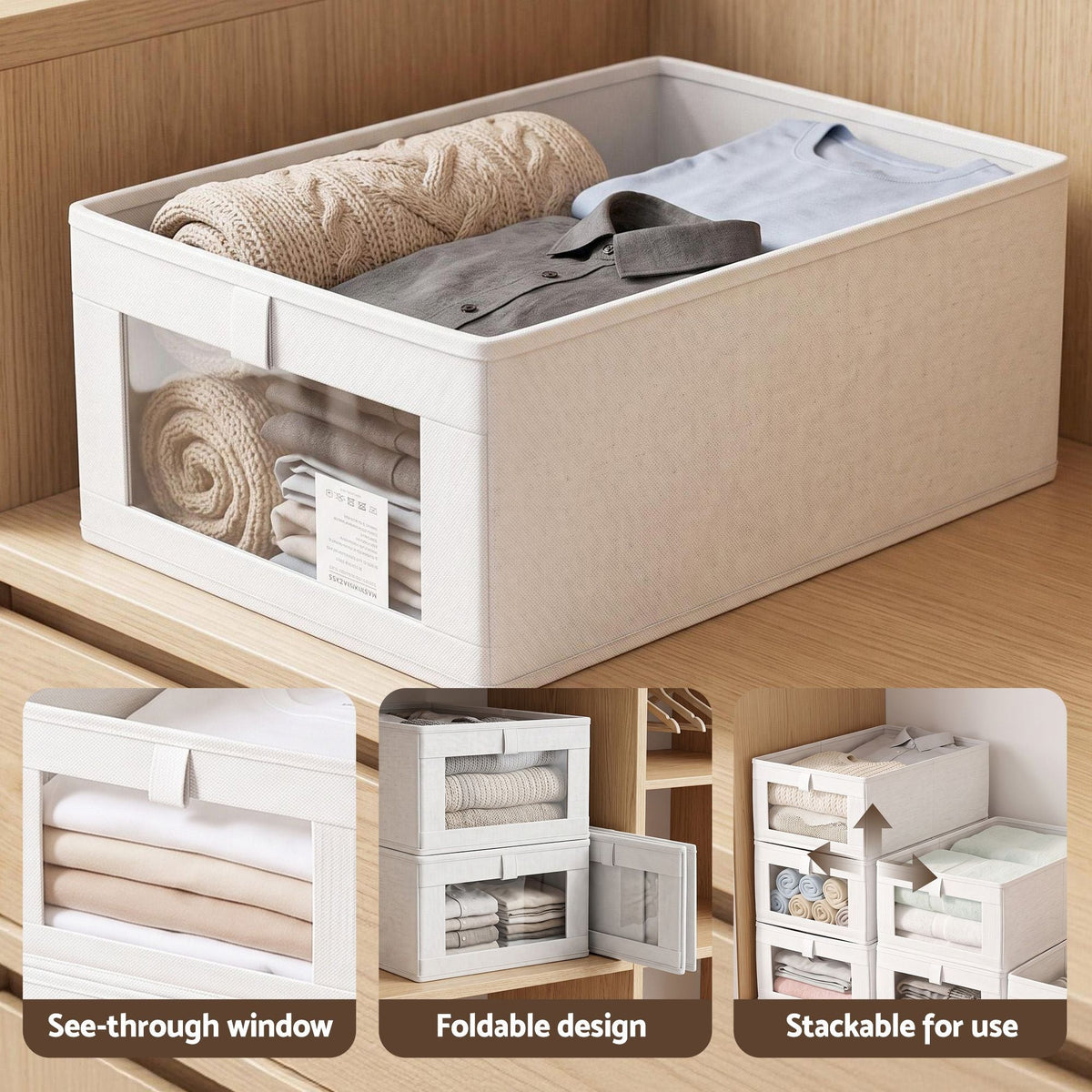 Linen-Look Wardrobe Storage Bins – Pack of 6, White, image 4 of 9
