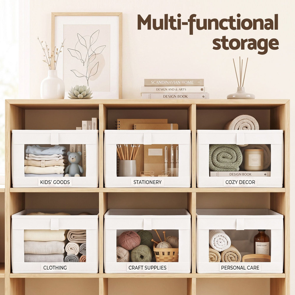Linen-Look Wardrobe Storage Bins – Pack of 6, White, image 7 of 9