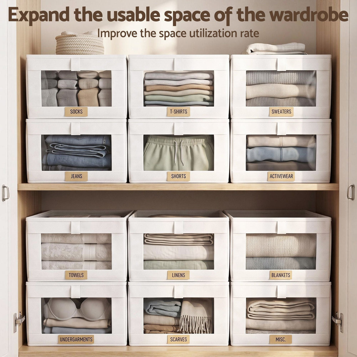 Linen-Look Wardrobe Storage Bins – Pack of 6, White, image 8 of 9