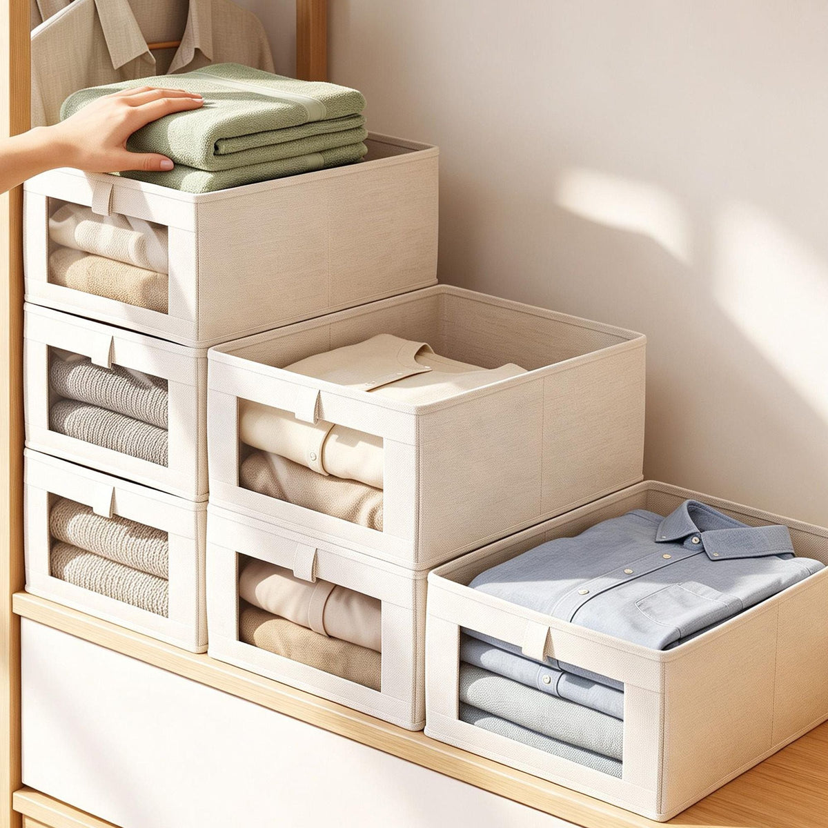 Linen-Look Wardrobe Storage Bins – Pack of 6, White, image 9 of 9