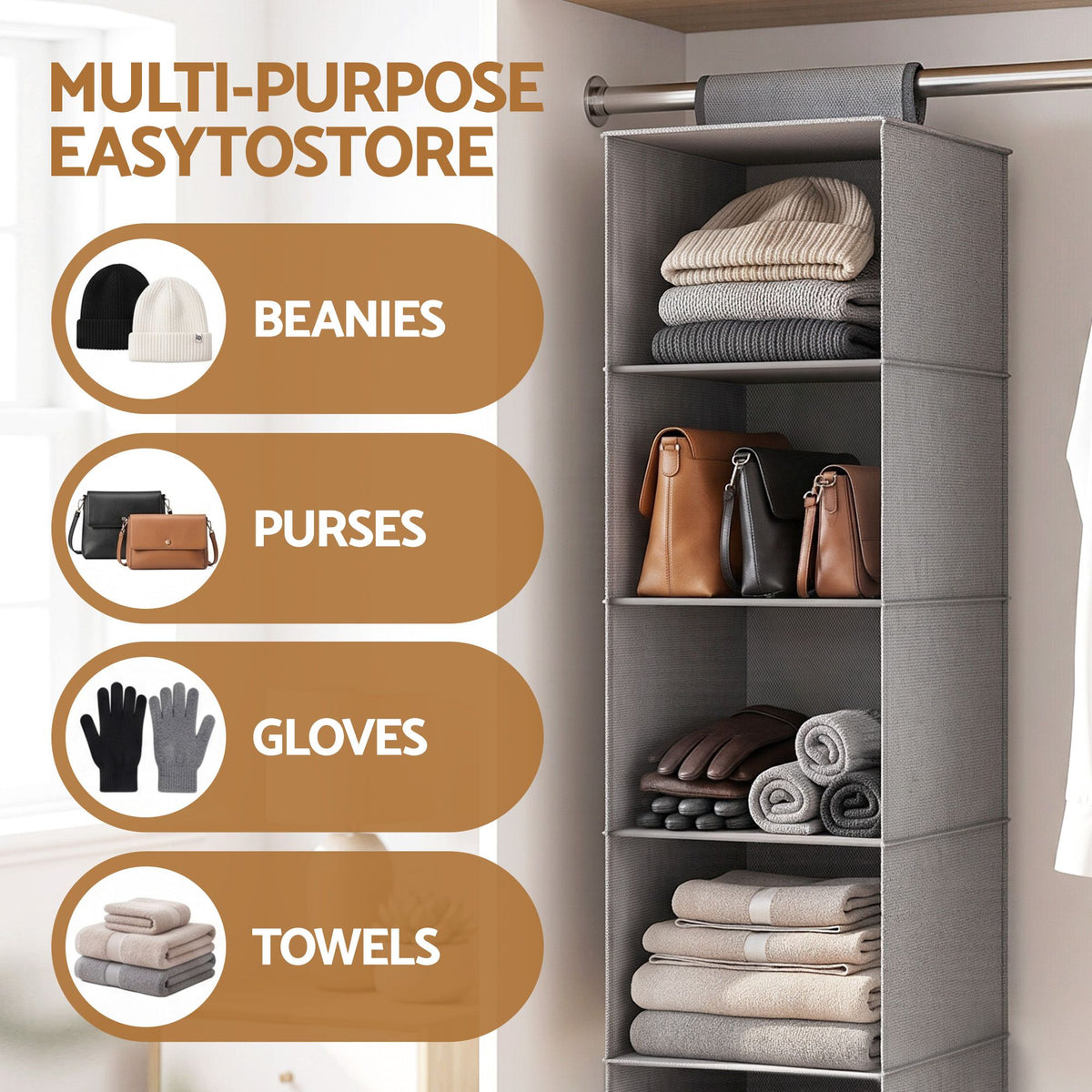 5-Shelf Hanging Wardrobe Organiser – Grey, image 5 of 6