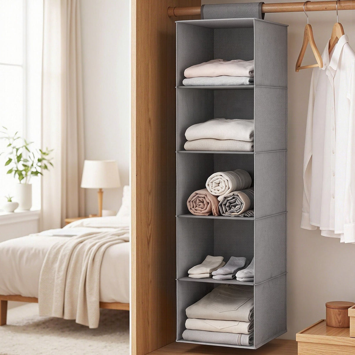 5-Shelf Hanging Wardrobe Organiser – Grey
