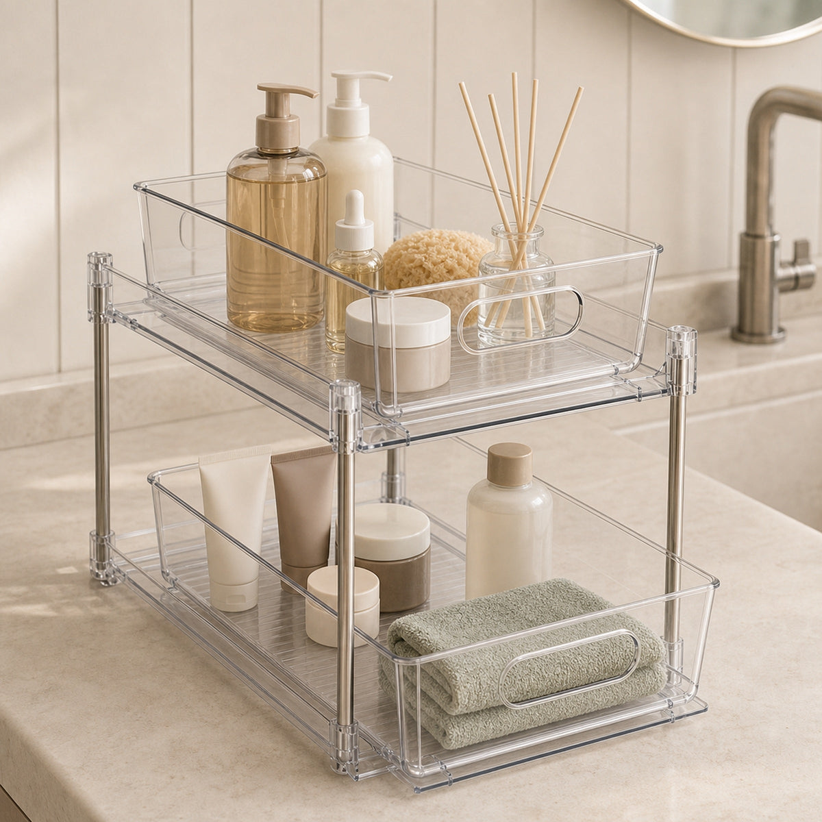 Clear Two-Tier Pull-Out Cupboard Organiser, image 3 of 8