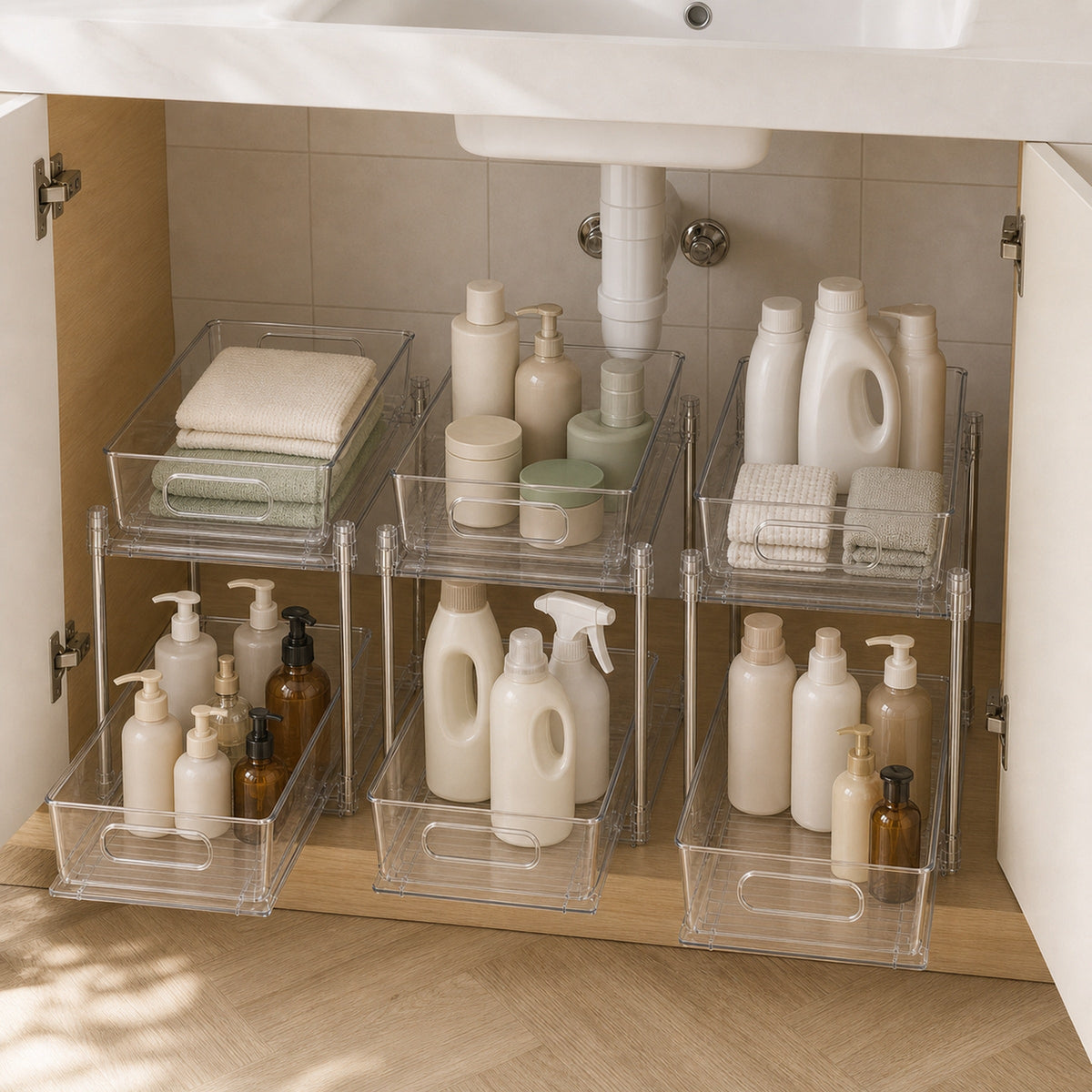 Clear Two-Tier Pull-Out Cupboard Organiser, image 6 of 8