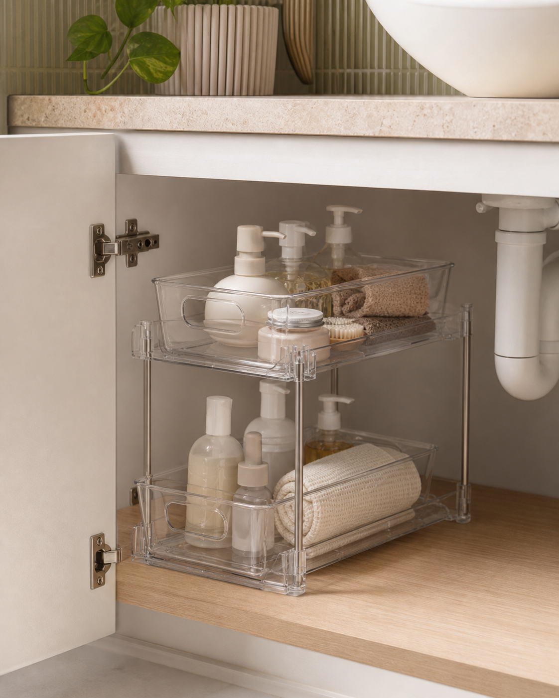 Clear Two-Tier Pull-Out Cupboard Organiser, image 8 of 8