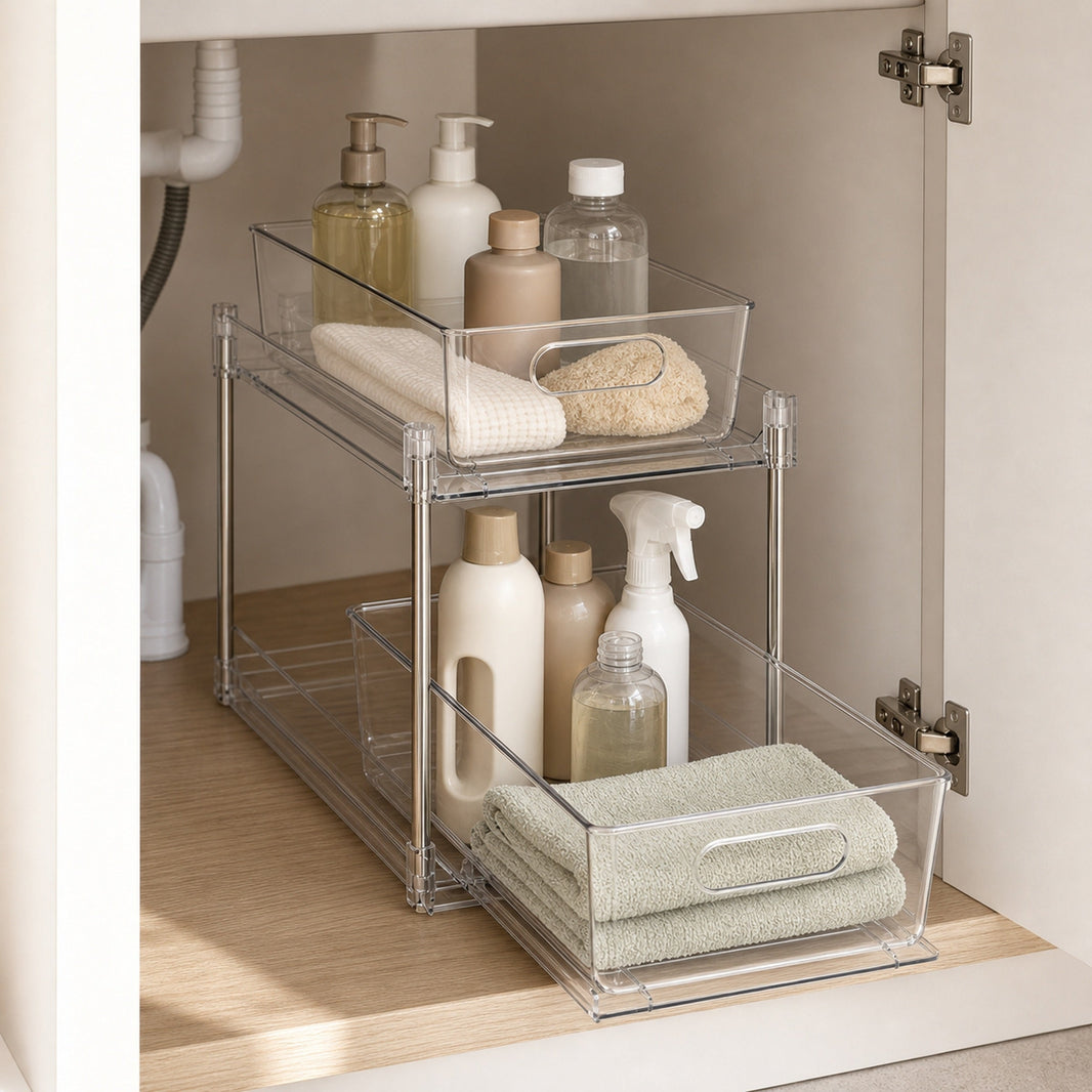 Clear Two-Tier Pull-Out Cupboard Organiser