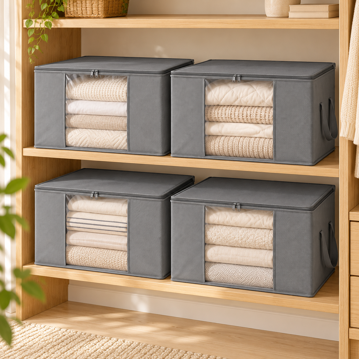Zip-Up Blanket & Clothes Storage Bags – 84L, Pack of 4, Grey