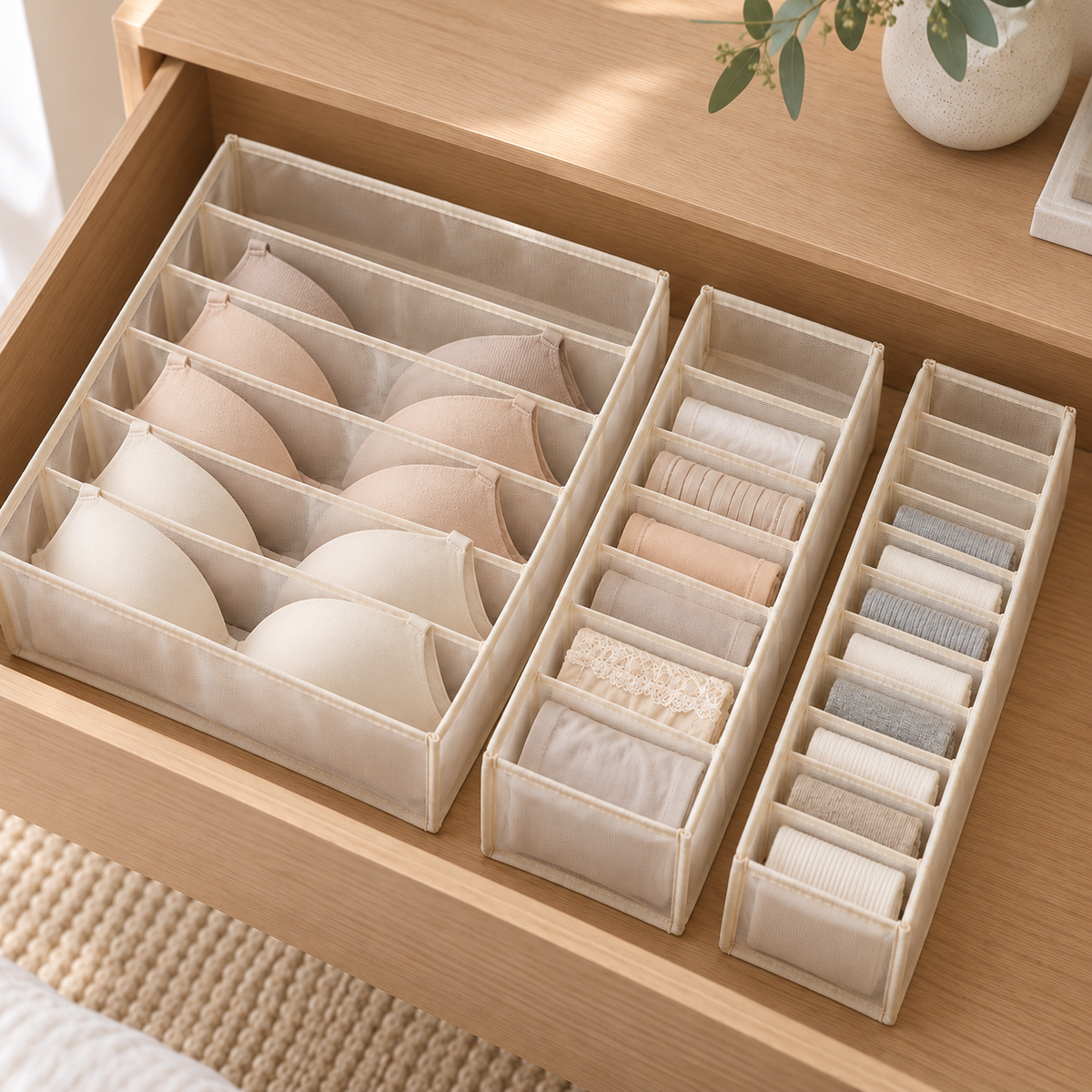 Mesh Drawer Organisers – Set of 3, Beige