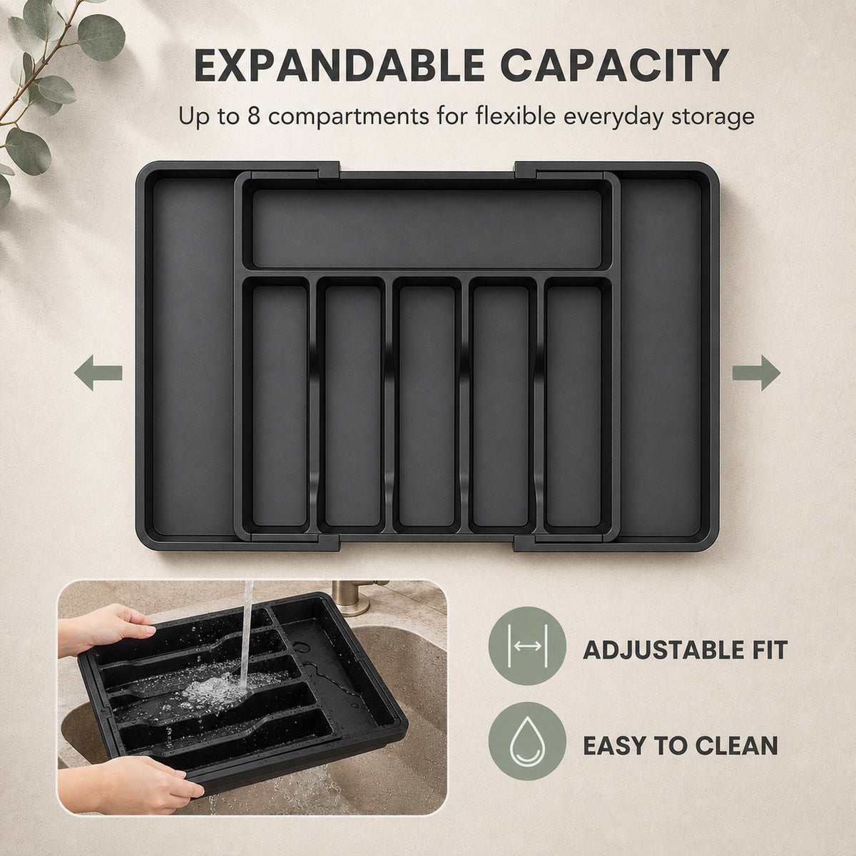 Expandable Cutlery Drawer Organiser – Black, 33–57 cm, image 3 of 8