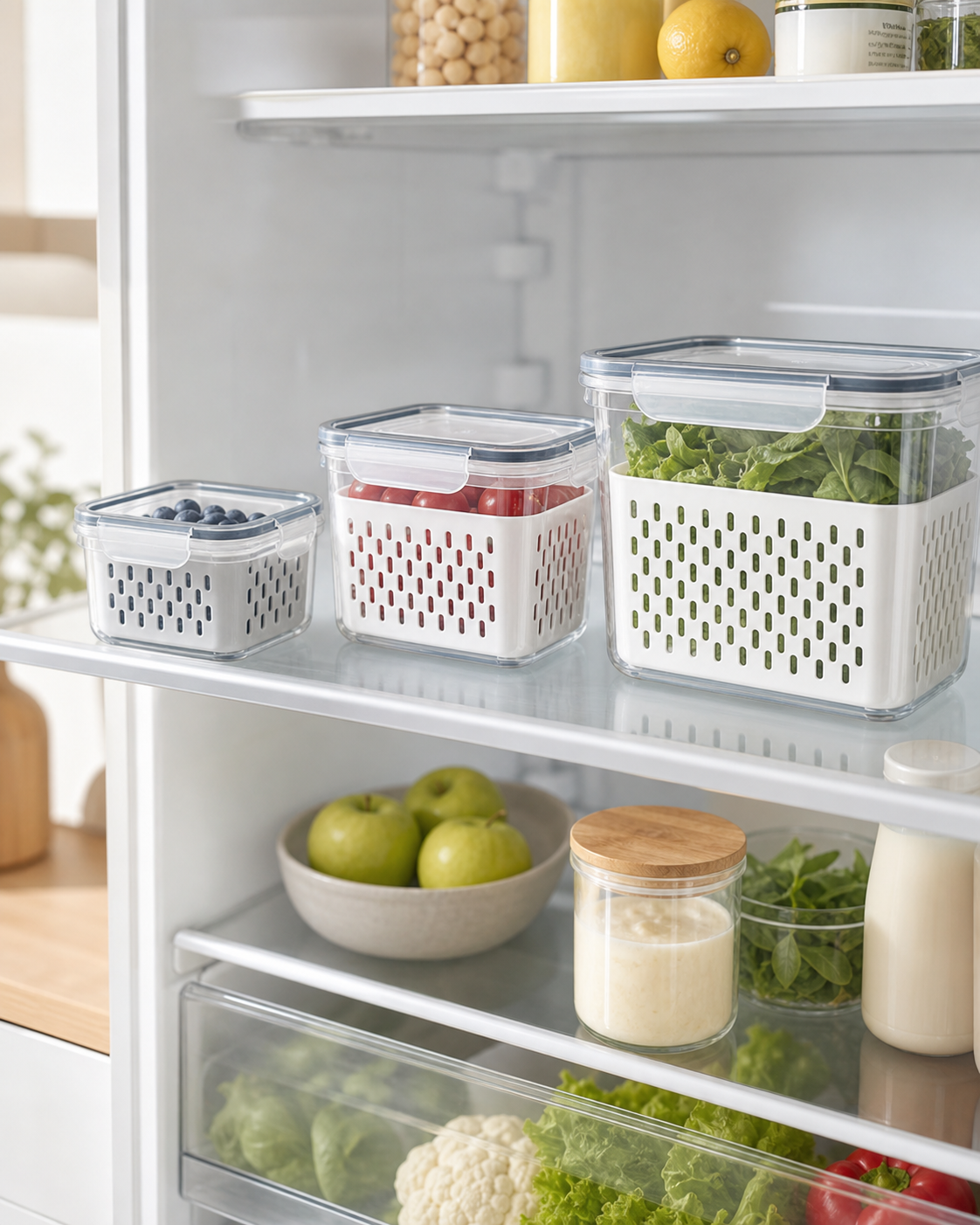 Fridge Produce Containers with Drain Baskets – Set of 3