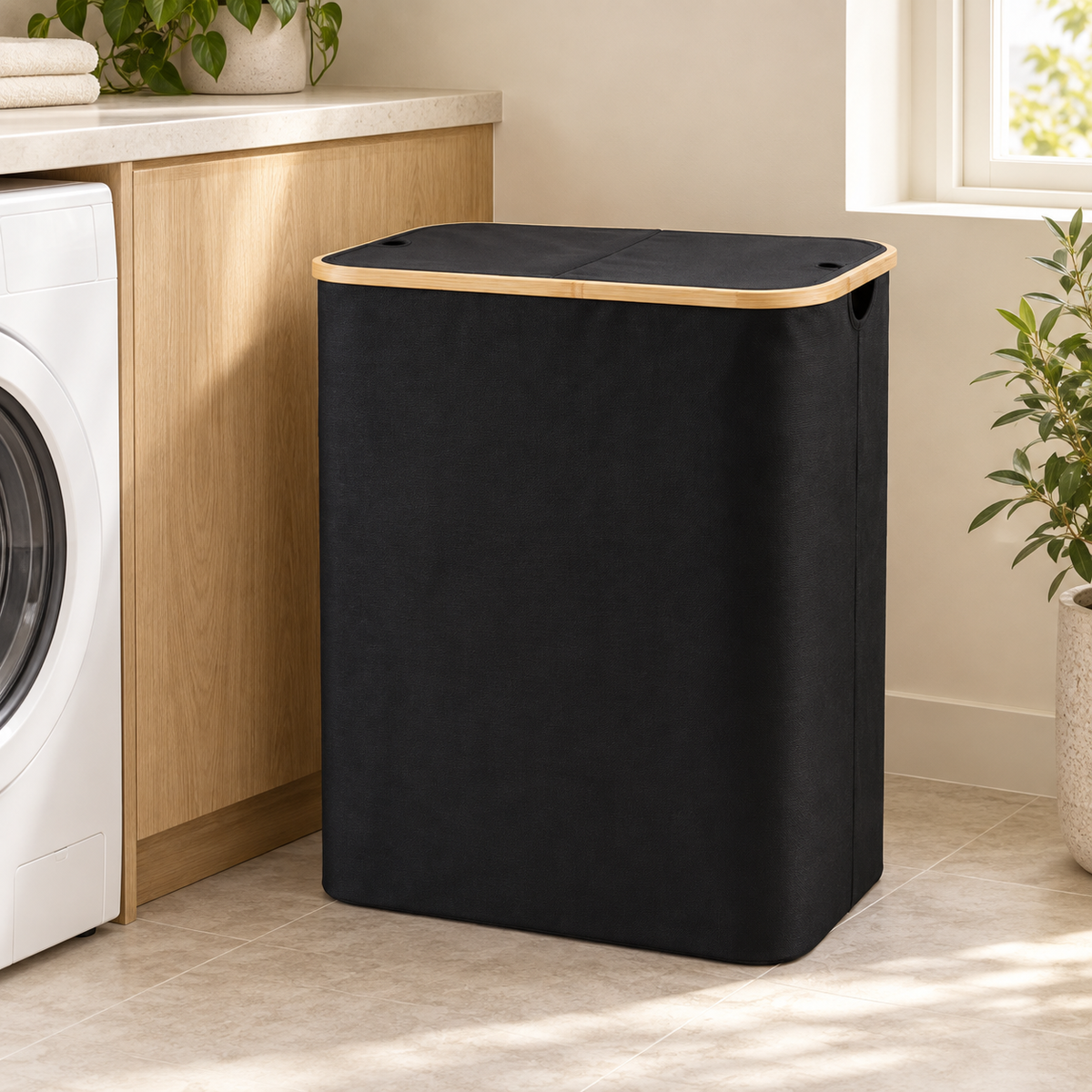 Double Laundry Hamper with Lid – 150L, Black, image 3 of 9