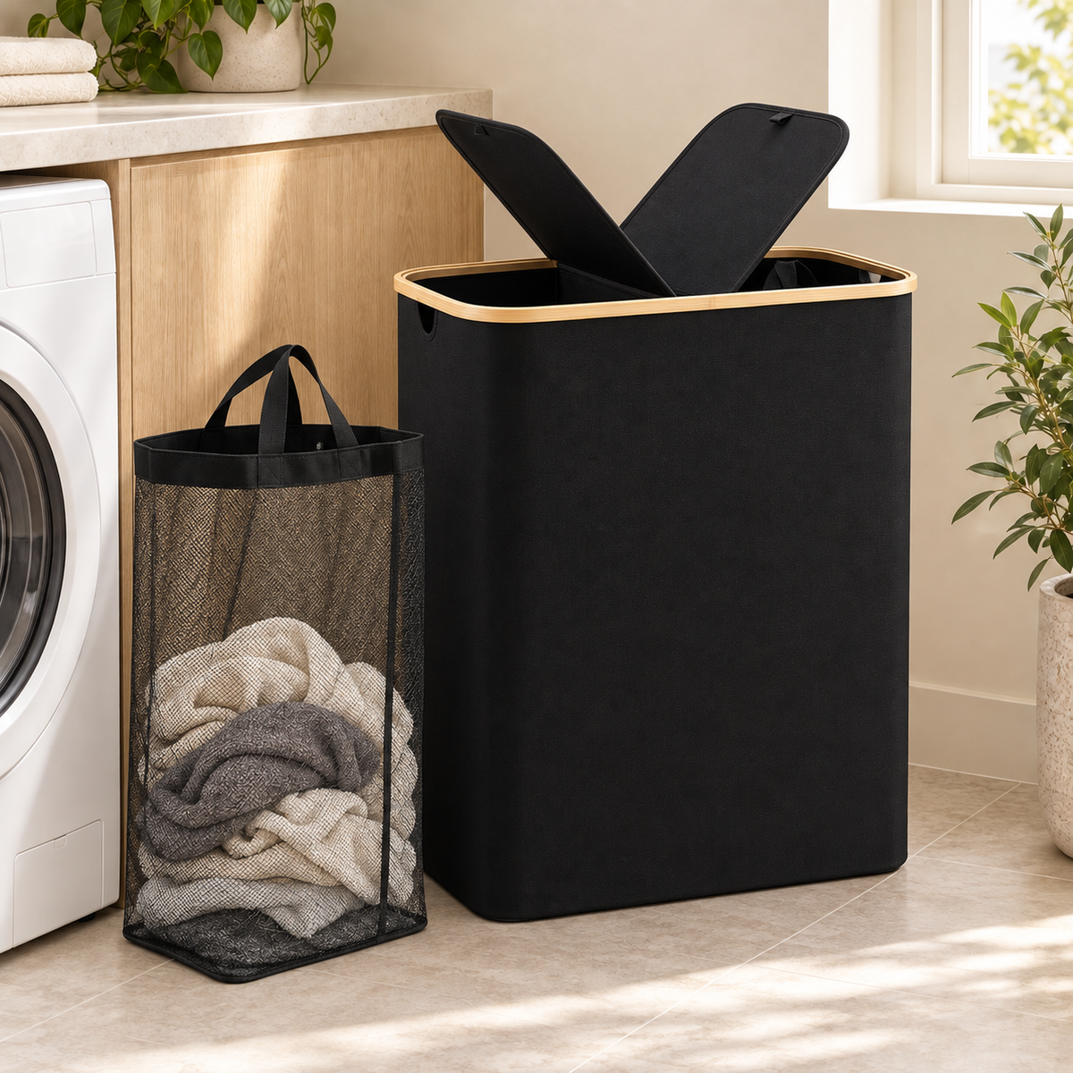 Double Laundry Hamper with Lid – 150L, Black