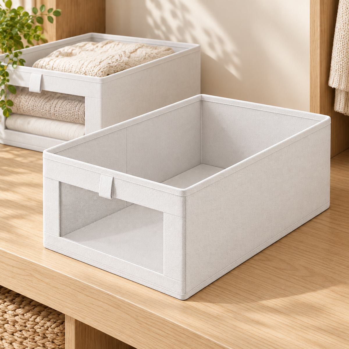 Linen-Look Wardrobe Storage Bins – Pack of 6, White, image 3 of 9