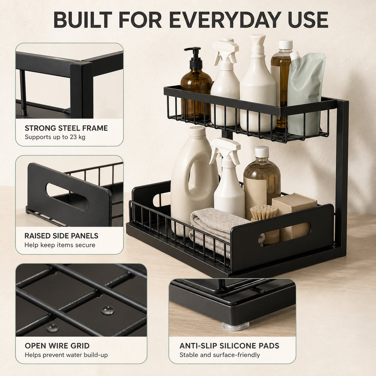 Metal Two-Tier Pull-Out Under-Sink Organiser – Black, image 7 of 8