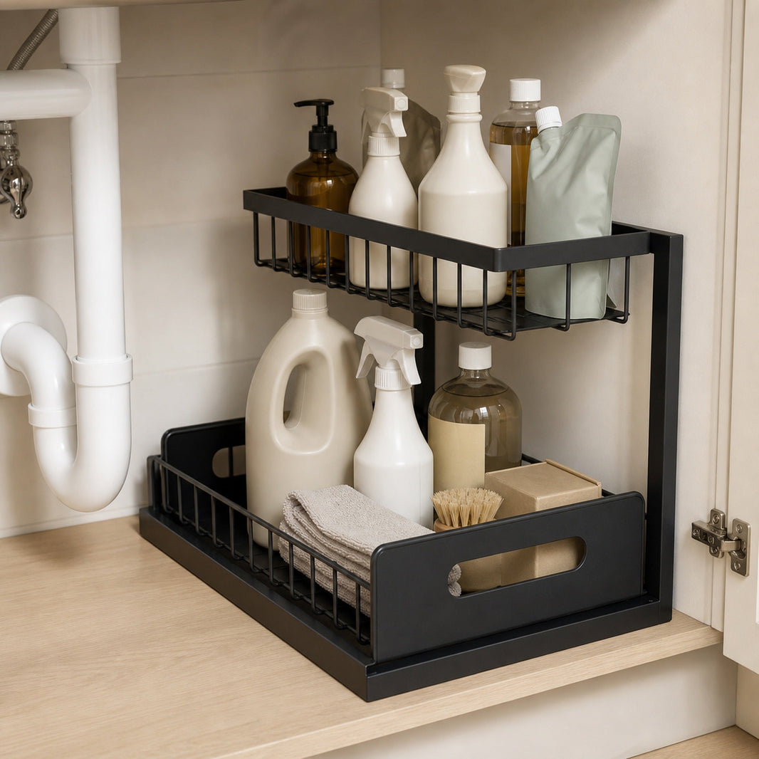 Metal Two-Tier Pull-Out Under-Sink Organiser – Black