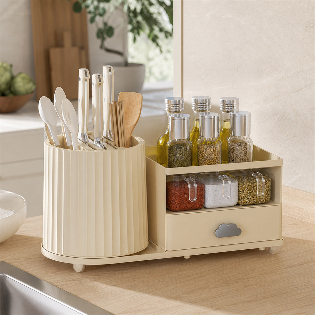 Countertop Organiser with Rotating Utensil Caddy – Cream