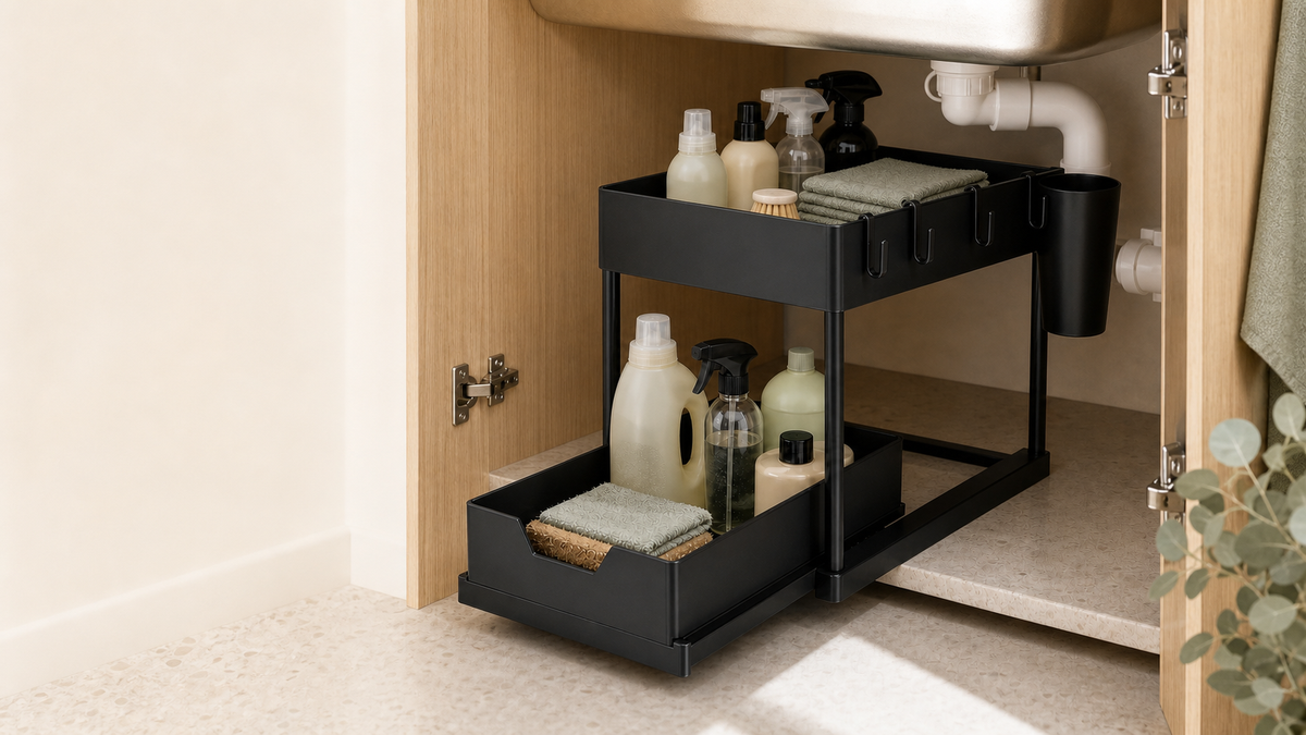 Two-Tier Pull-Out Under-Sink Organiser with Hooks – Black, image 7 of 8