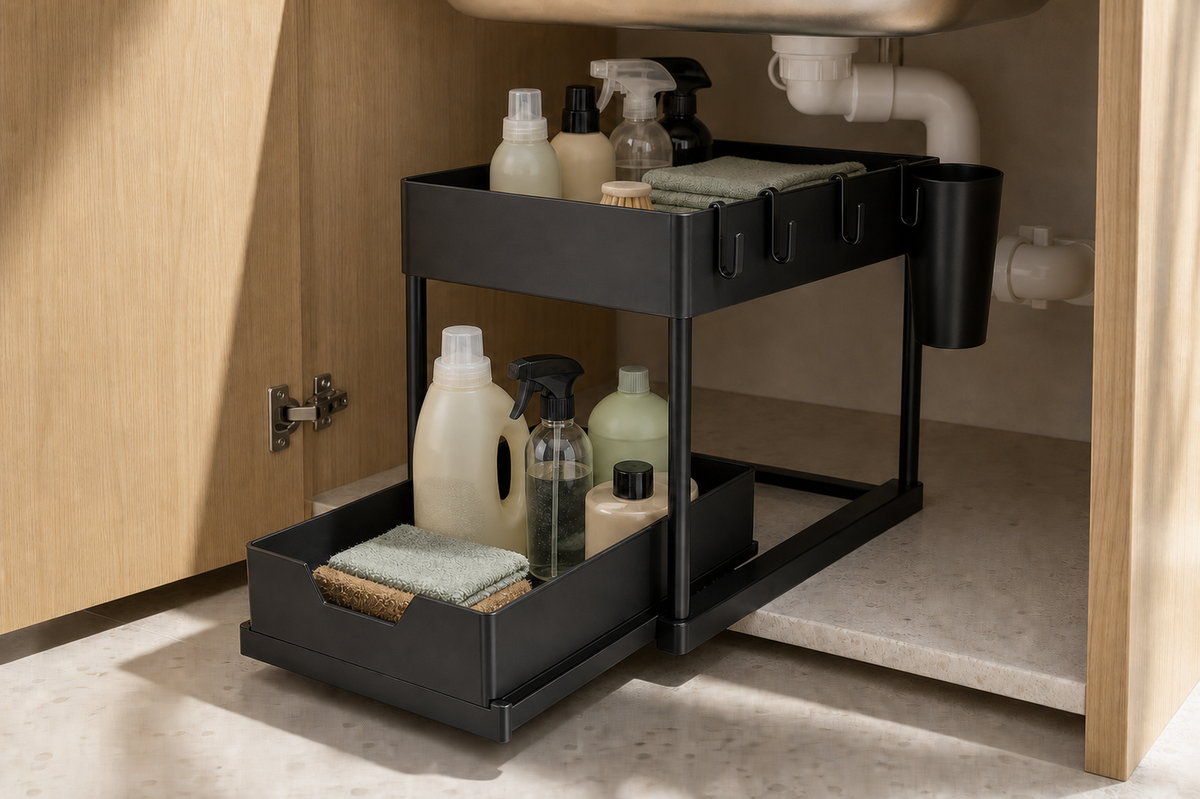 Two-Tier Pull-Out Under-Sink Organiser with Hooks – Black, image 3 of 8