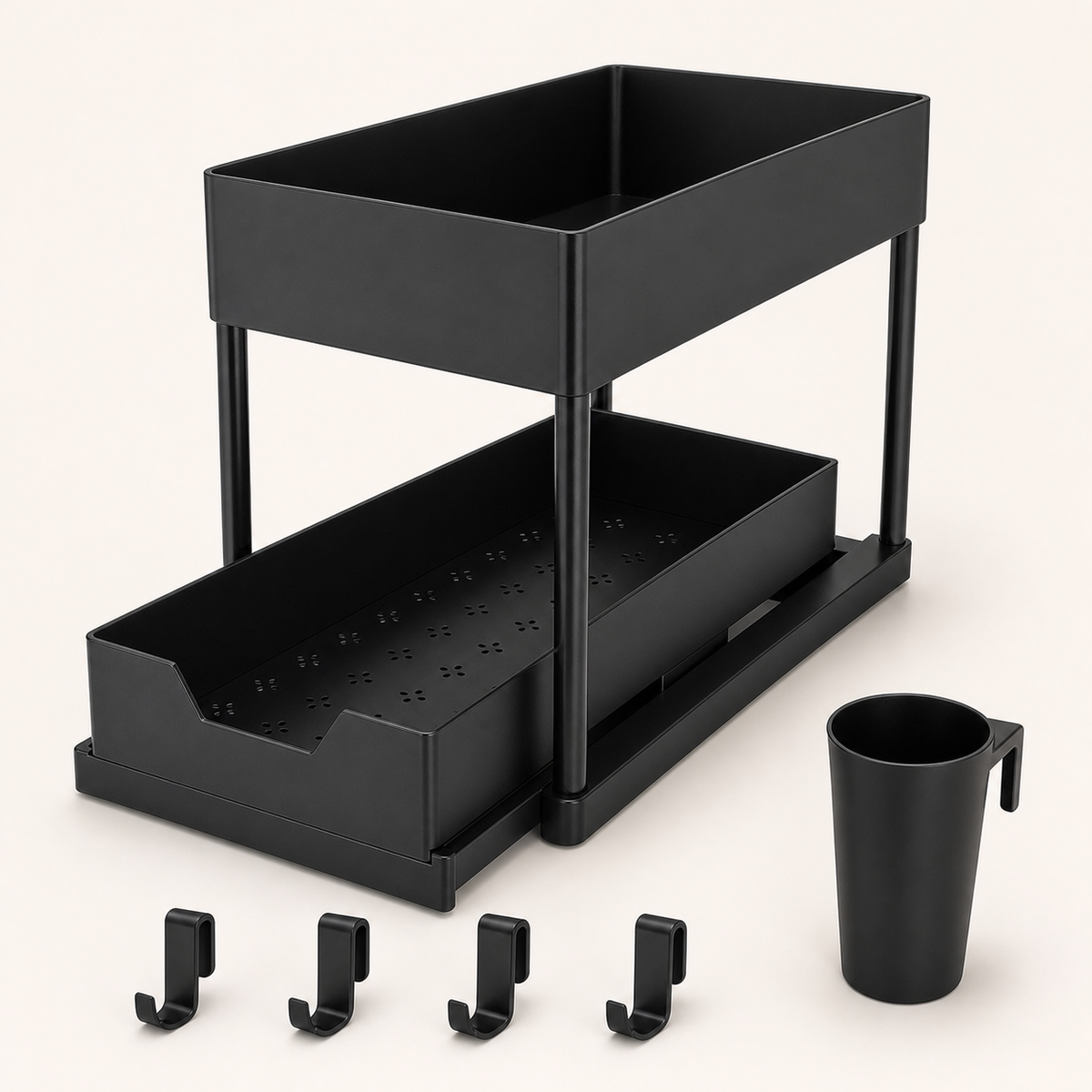 Two-Tier Pull-Out Under-Sink Organiser with Hooks – Black, image 5 of 8