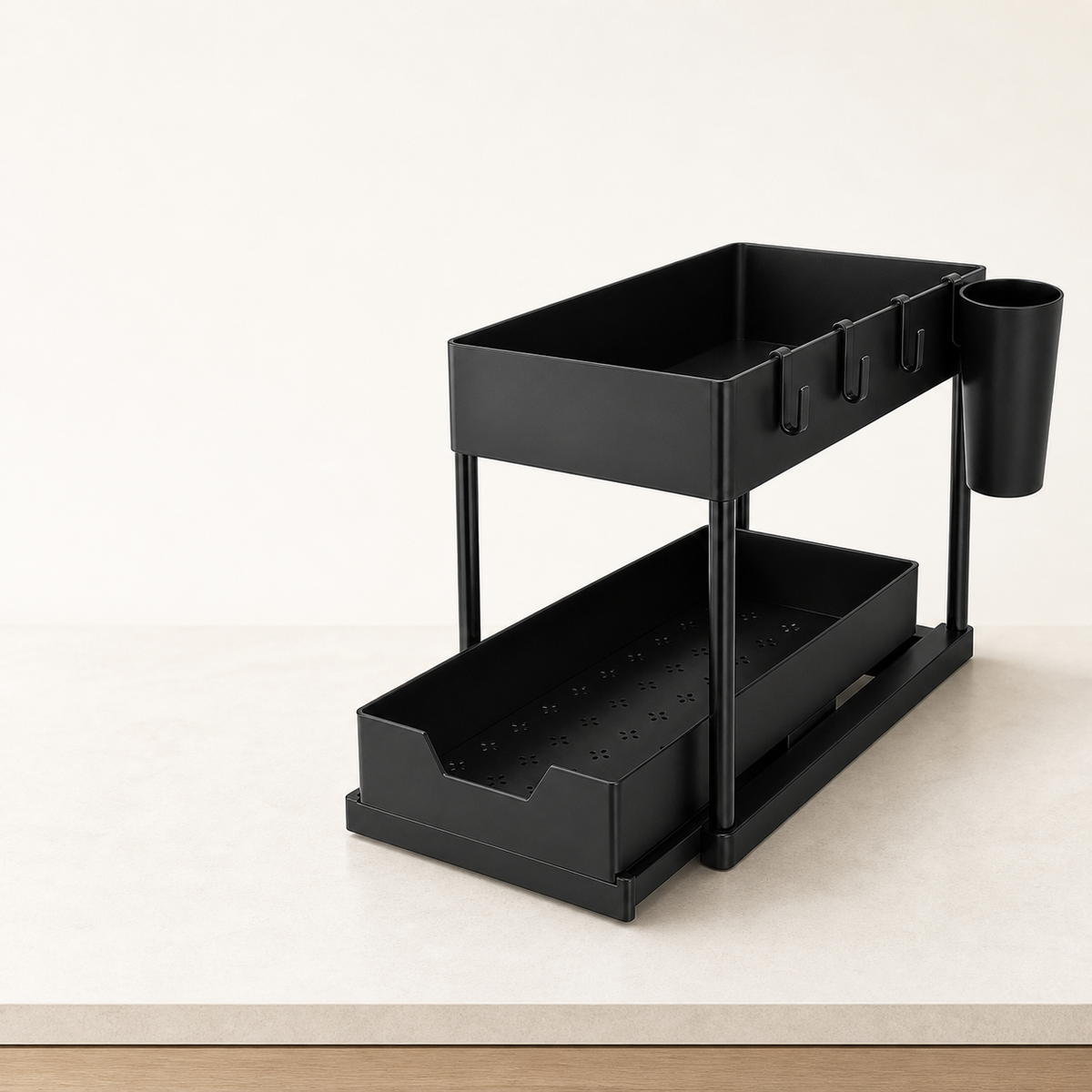 Two-Tier Pull-Out Under-Sink Organiser with Hooks – Black, image 6 of 8