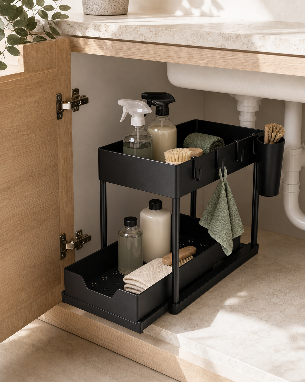 Two-Tier Pull-Out Under-Sink Organiser with Hooks – Black