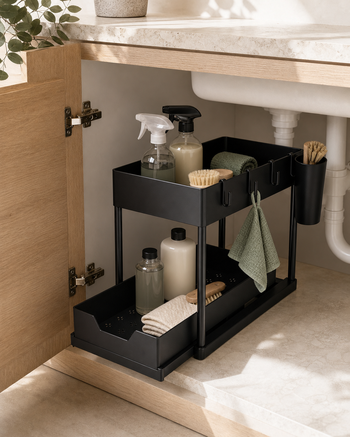 Two-Tier Pull-Out Under-Sink Organiser with Hooks – Black