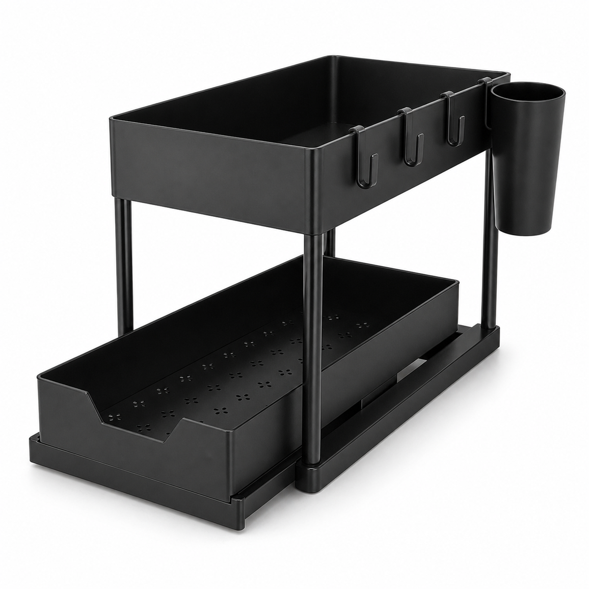 Two-Tier Pull-Out Under-Sink Organiser with Hooks – Black, image 2 of 8