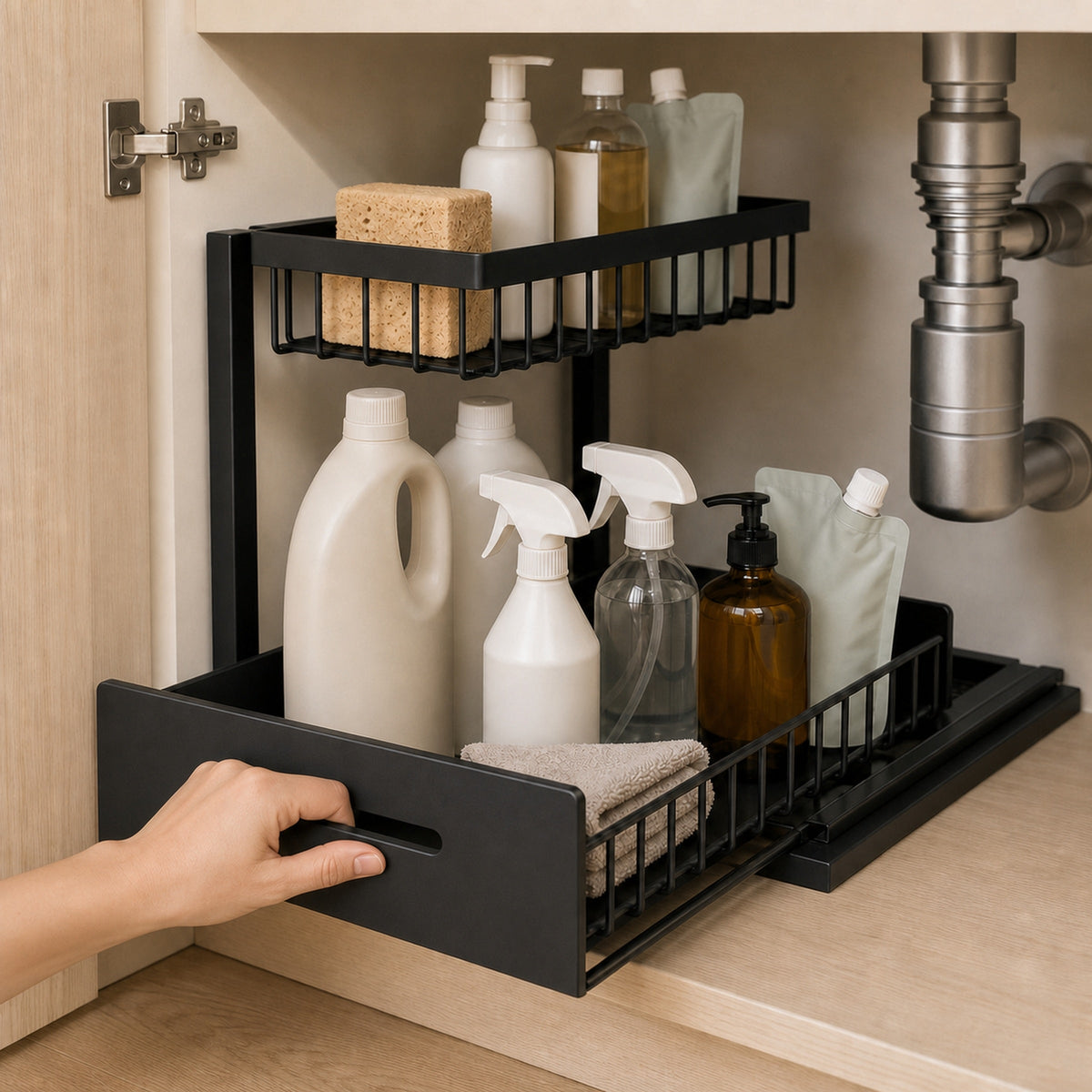 Metal Two-Tier Pull-Out Under-Sink Organiser – Black, image 3 of 8