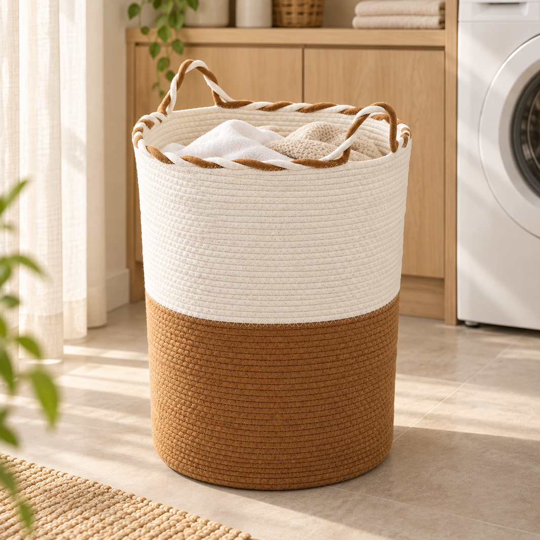Cotton Rope Laundry Basket – White & Brown